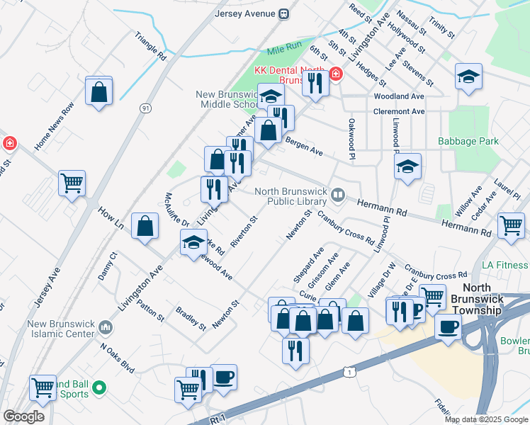 map of restaurants, bars, coffee shops, grocery stores, and more near 1000 Riverton Street in North Brunswick Township