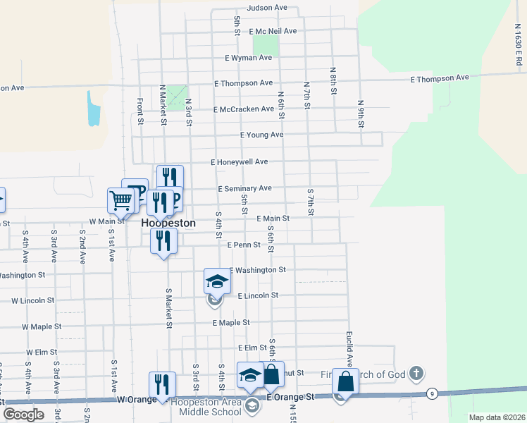 map of restaurants, bars, coffee shops, grocery stores, and more near 601-699 East Seminary Avenue in Hoopeston