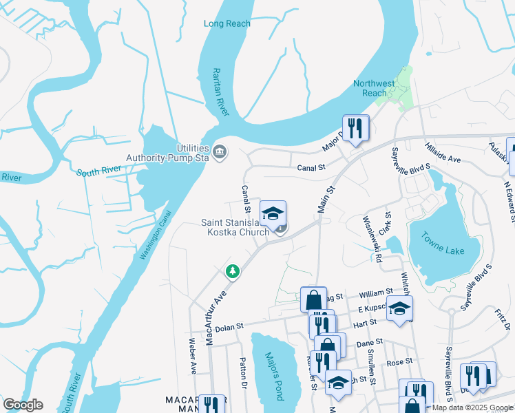 map of restaurants, bars, coffee shops, grocery stores, and more near 42 Hinton Street in Sayreville