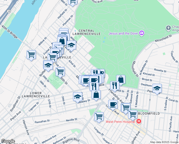 map of restaurants, bars, coffee shops, grocery stores, and more near 4419 Garwood Way in Pittsburgh