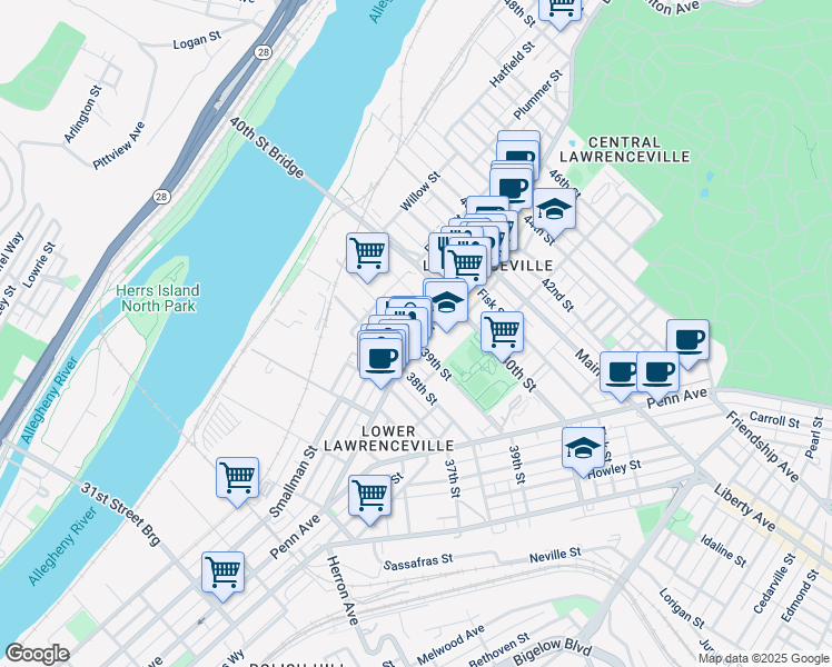 map of restaurants, bars, coffee shops, grocery stores, and more near 3937 Butler Street in Pittsburgh