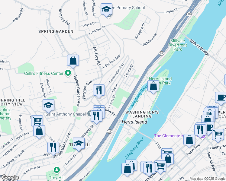 map of restaurants, bars, coffee shops, grocery stores, and more near 2022 Ley Street in Pittsburgh