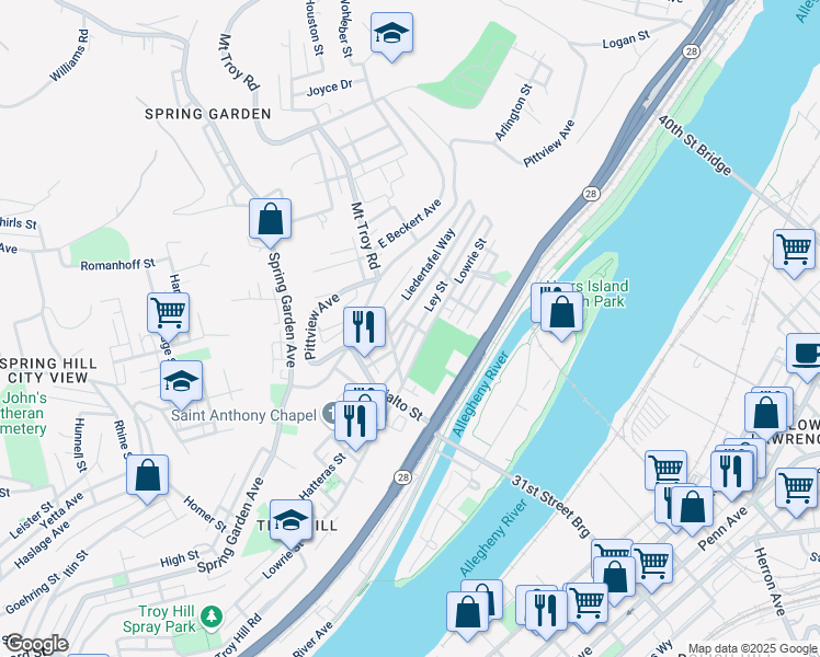 map of restaurants, bars, coffee shops, grocery stores, and more near 2022 Ley Street in Pittsburgh