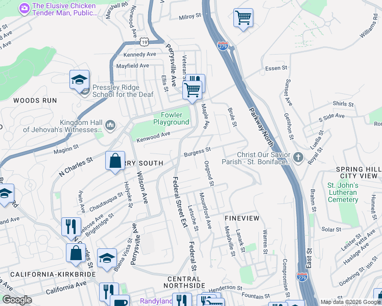 map of restaurants, bars, coffee shops, grocery stores, and more near 2419 Maple Avenue in Pittsburgh