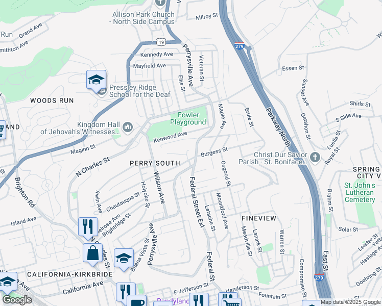 map of restaurants, bars, coffee shops, grocery stores, and more near 2435 Perrysville Avenue in Pittsburgh