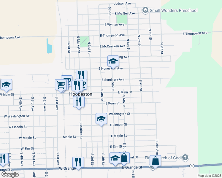 map of restaurants, bars, coffee shops, grocery stores, and more near 501-599 East Seminary Avenue in Hoopeston
