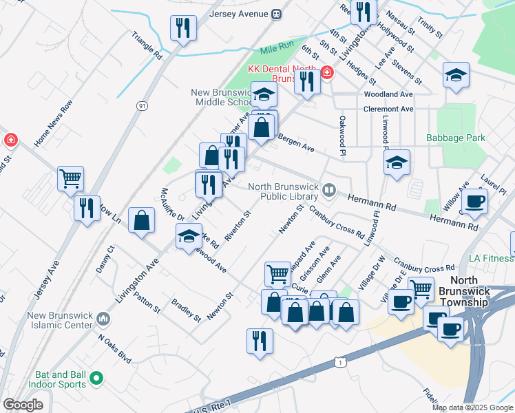 map of restaurants, bars, coffee shops, grocery stores, and more near 1000 Riverton Street in North Brunswick Township