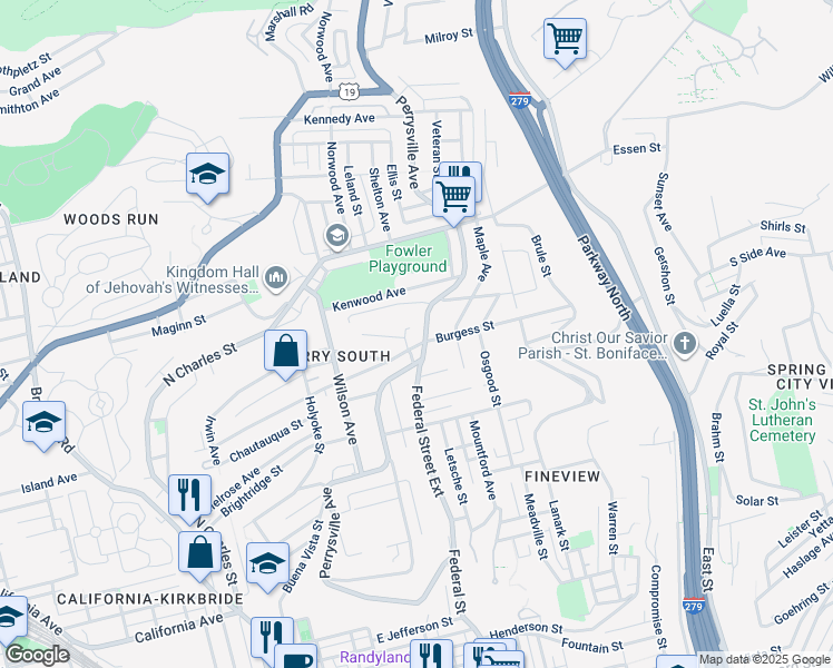 map of restaurants, bars, coffee shops, grocery stores, and more near 2403 Perrysville Avenue in Pittsburgh