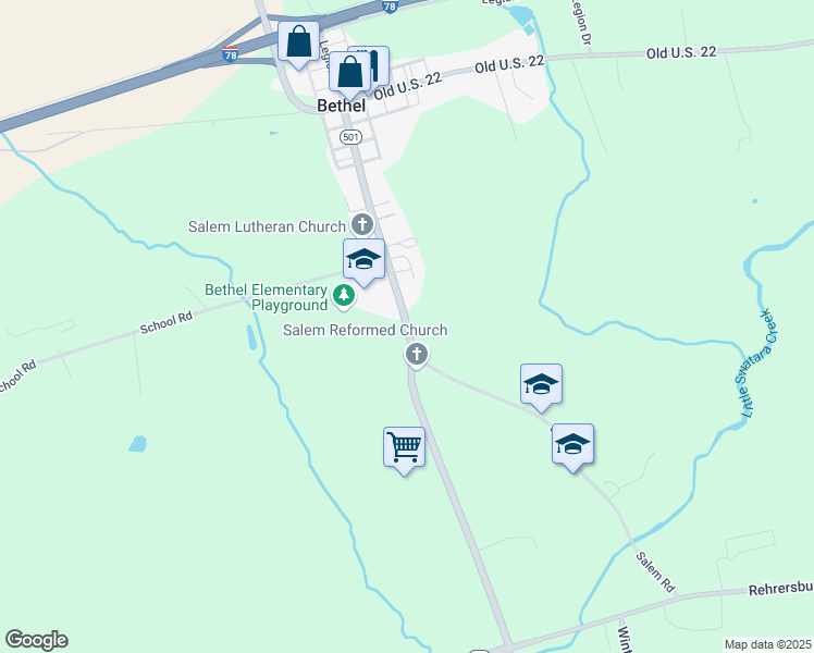 map of restaurants, bars, coffee shops, grocery stores, and more near 8390 Lancaster Avenue in Bethel