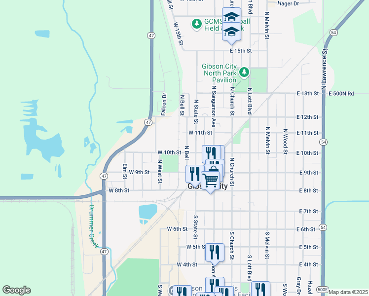 map of restaurants, bars, coffee shops, grocery stores, and more near 217 1/2 West 11th Street in Gibson City