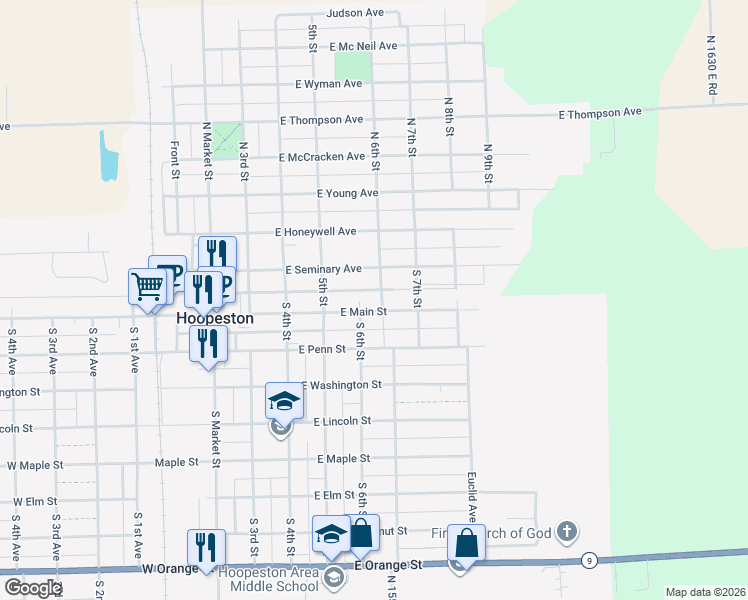 map of restaurants, bars, coffee shops, grocery stores, and more near North 6th Street in Hoopeston