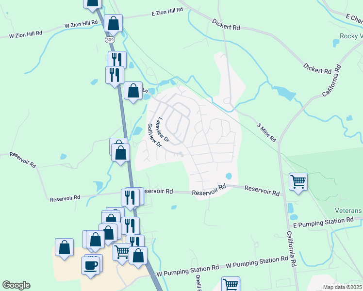 map of restaurants, bars, coffee shops, grocery stores, and more near 6 Skyview Drive in Quakertown