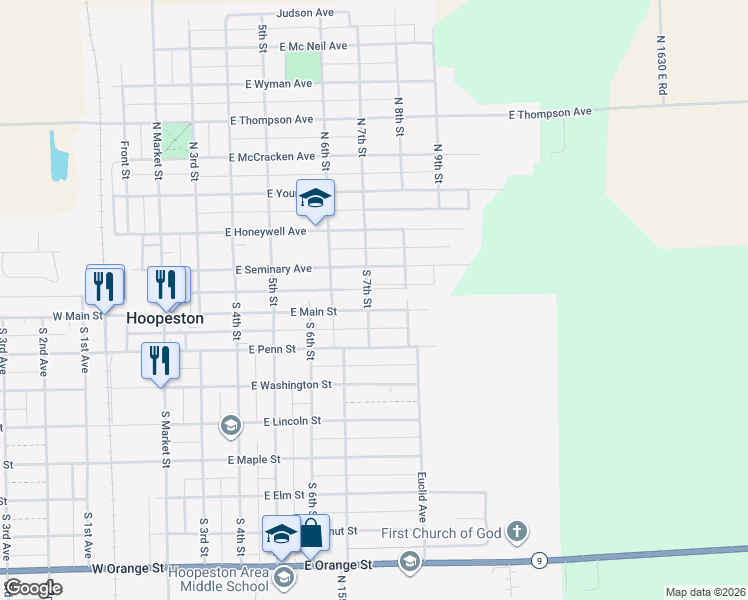 map of restaurants, bars, coffee shops, grocery stores, and more near South 7th Street in Hoopeston