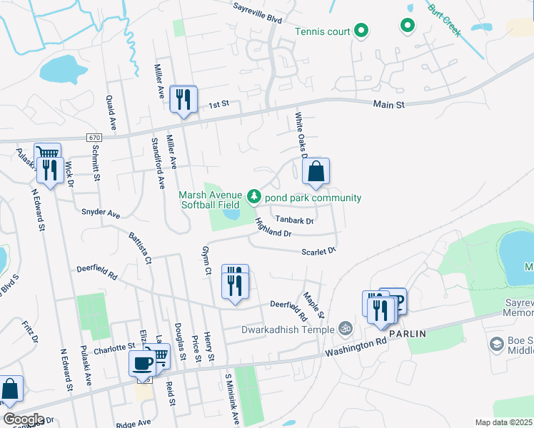map of restaurants, bars, coffee shops, grocery stores, and more near 9 Senna Drive in Sayreville