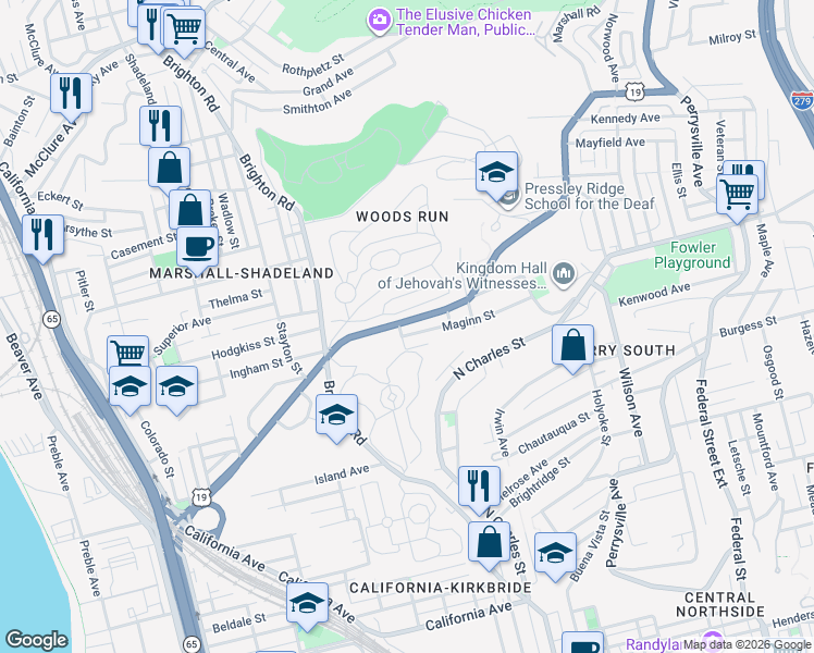 map of restaurants, bars, coffee shops, grocery stores, and more near 863 1/2 Marshall Avenue in Pittsburgh
