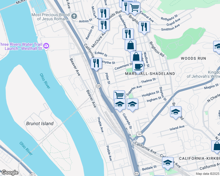 map of restaurants, bars, coffee shops, grocery stores, and more near 1518 Woodland Avenue in Pittsburgh