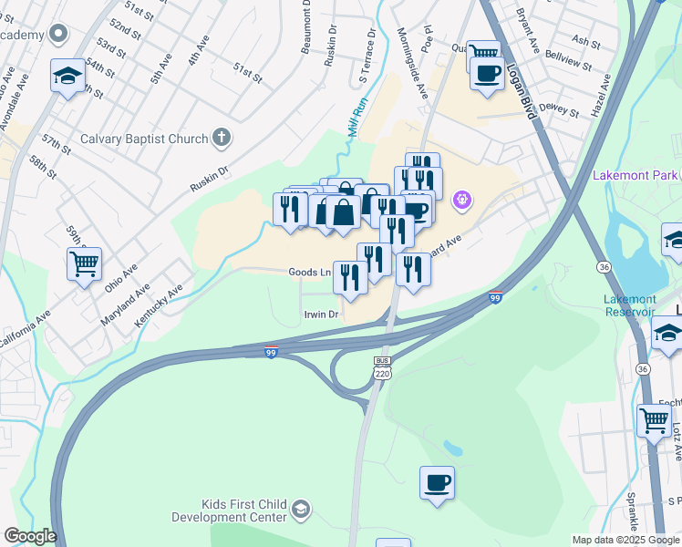 map of restaurants, bars, coffee shops, grocery stores, and more near Goods Lane in Altoona