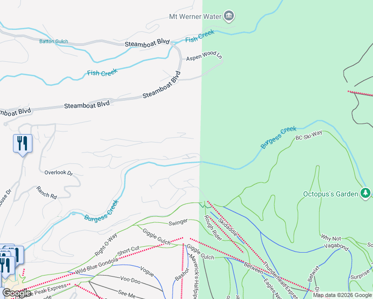 map of restaurants, bars, coffee shops, grocery stores, and more near 2975 Ridge Road in Steamboat Springs
