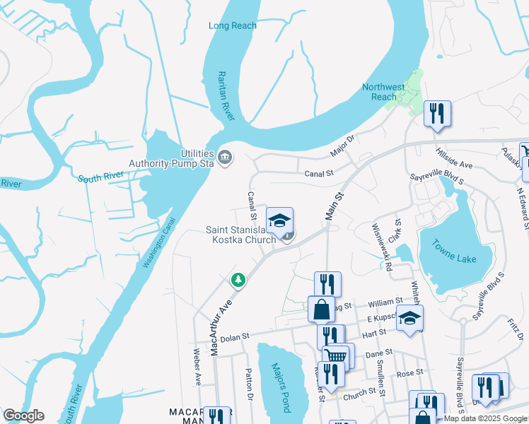 map of restaurants, bars, coffee shops, grocery stores, and more near 42 Hinton Street in Sayreville