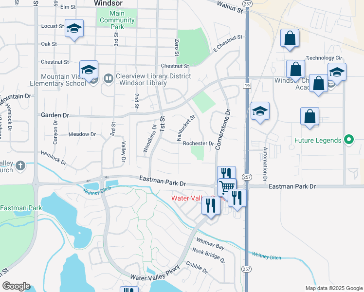 map of restaurants, bars, coffee shops, grocery stores, and more near 21 Rochester Drive in Windsor