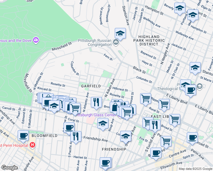 map of restaurants, bars, coffee shops, grocery stores, and more near 426 Wicklow Street in Pittsburgh