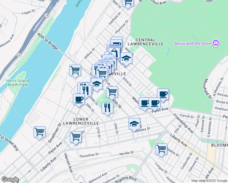 map of restaurants, bars, coffee shops, grocery stores, and more near 231 Fisk Street in Pittsburgh