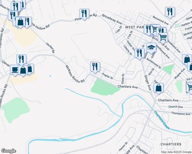 map of restaurants, bars, coffee shops, grocery stores, and more near 43 Poplar Street in McKees Rocks