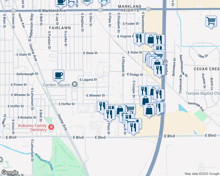 map of restaurants, bars, coffee shops, grocery stores, and more near 1613 South Elizabeth Street in Kokomo