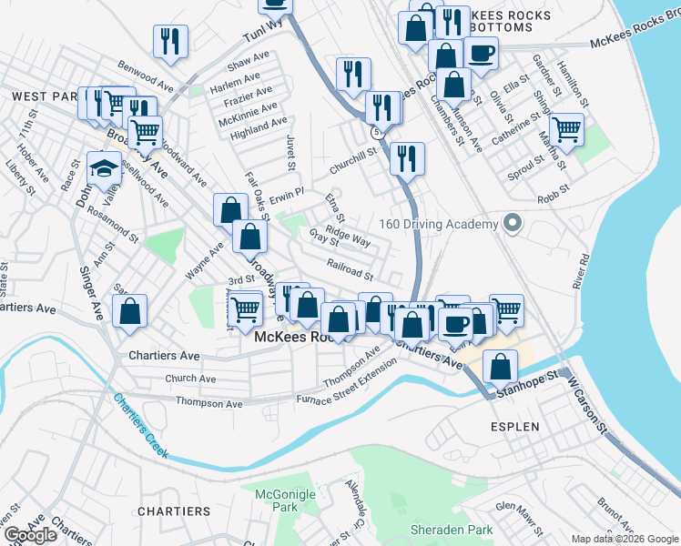 map of restaurants, bars, coffee shops, grocery stores, and more near 838 Railroad Street in McKees Rocks