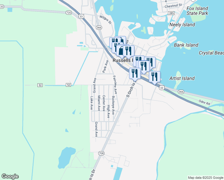 map of restaurants, bars, coffee shops, grocery stores, and more near 216 East Elliott Road in Russells Point