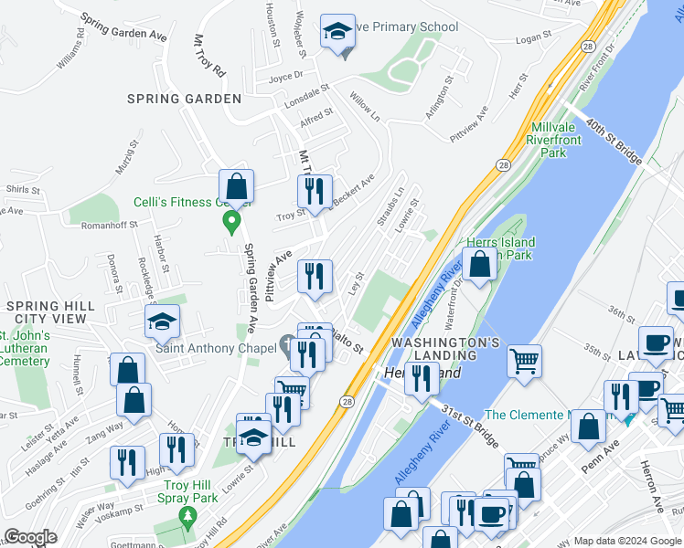 map of restaurants, bars, coffee shops, grocery stores, and more near 1962 Straubs Lane in Pittsburgh