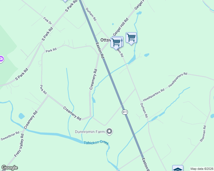 map of restaurants, bars, coffee shops, grocery stores, and more near 31 Creamery Road in Ottsville