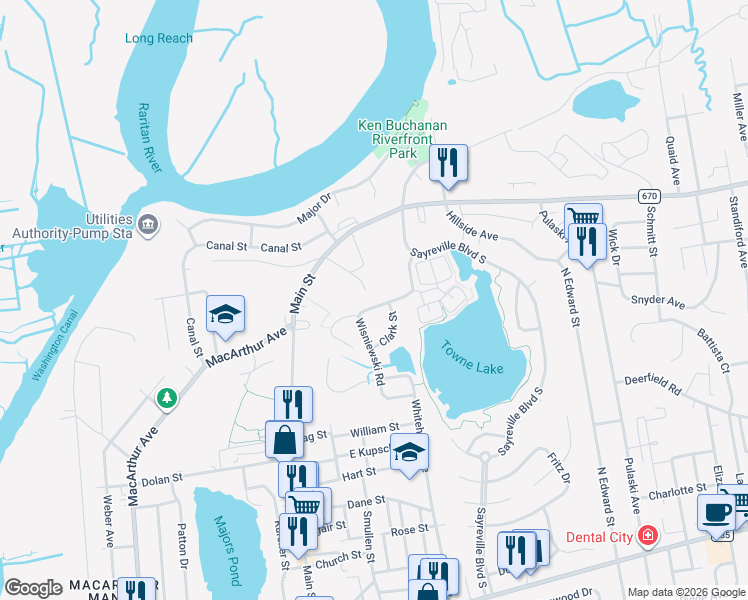 map of restaurants, bars, coffee shops, grocery stores, and more near 28 Wisniewski Road in Sayreville