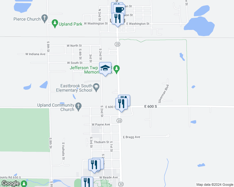 map of restaurants, bars, coffee shops, grocery stores, and more near 17 Montgomery Street in Upland