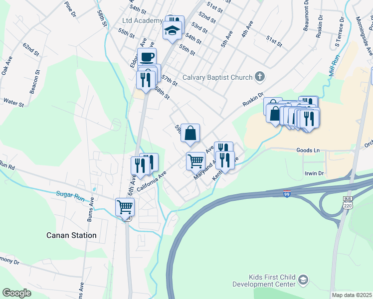 map of restaurants, bars, coffee shops, grocery stores, and more near 310-12 59th Street in Altoona
