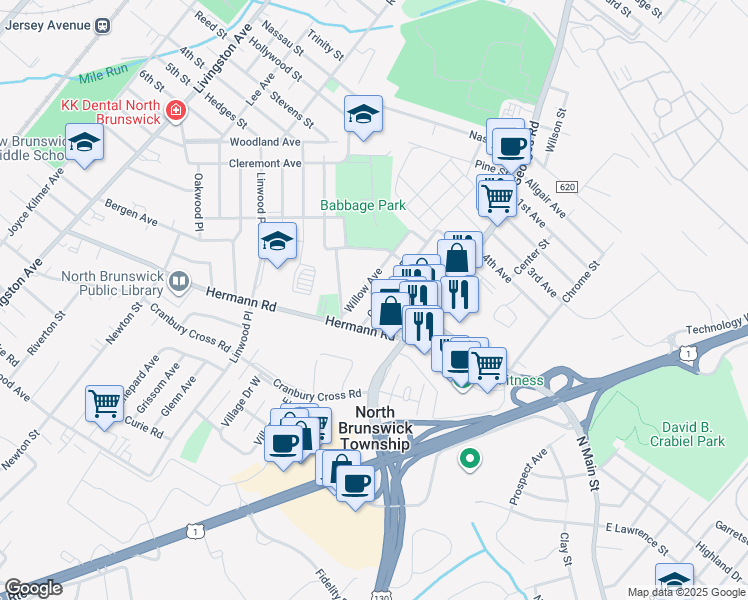 map of restaurants, bars, coffee shops, grocery stores, and more near 14 Elmwood Place in North Brunswick Township