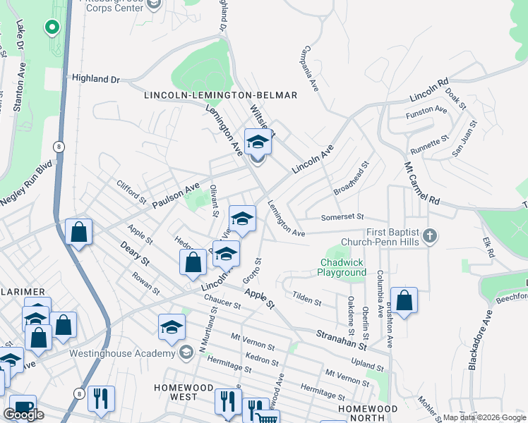map of restaurants, bars, coffee shops, grocery stores, and more near 1434 Lincoln Avenue in Pittsburgh