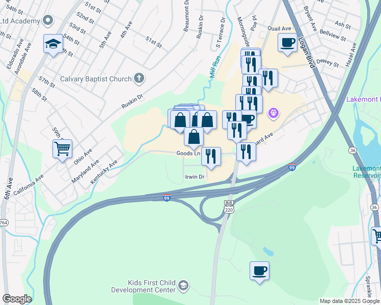 map of restaurants, bars, coffee shops, grocery stores, and more near Goods Lane in Altoona