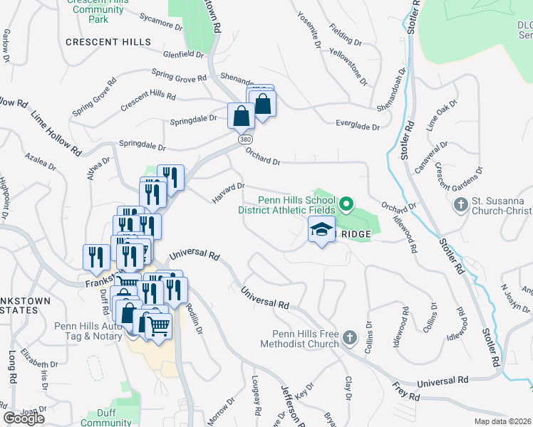map of restaurants, bars, coffee shops, grocery stores, and more near 12135 Garland Drive in Pittsburgh