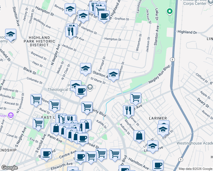 map of restaurants, bars, coffee shops, grocery stores, and more near 6109 Saint Marie Street in Pittsburgh