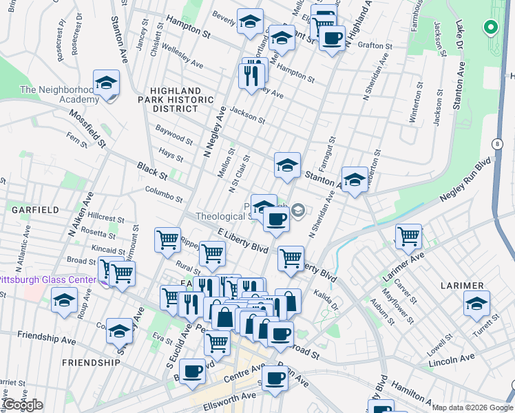 map of restaurants, bars, coffee shops, grocery stores, and more near 5821 Hays Street in Pittsburgh