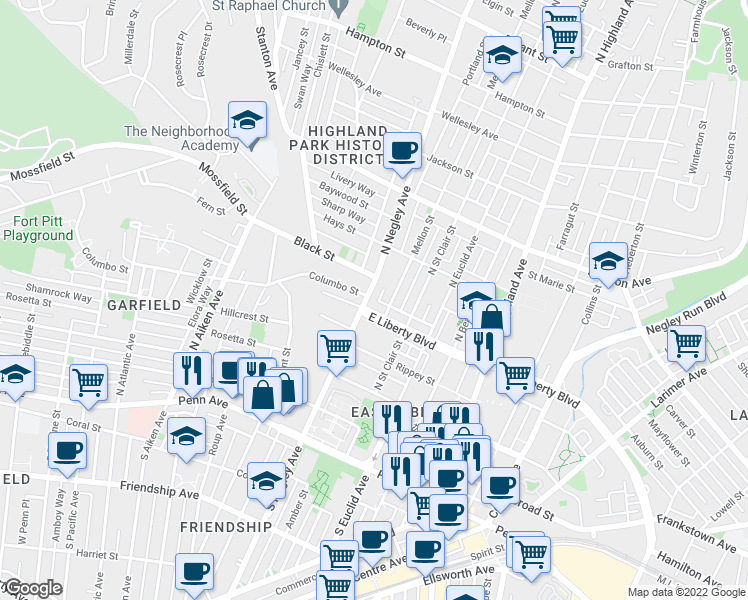 map of restaurants, bars, coffee shops, grocery stores, and more near 526 North Negley Avenue in Pittsburgh