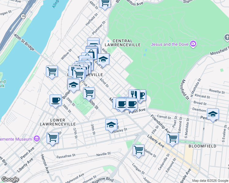 map of restaurants, bars, coffee shops, grocery stores, and more near 343 42nd Street in Pittsburgh