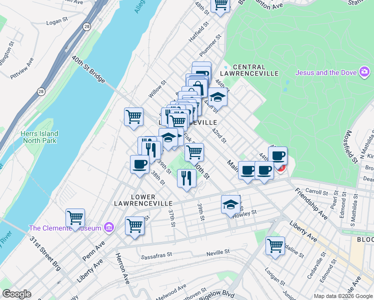 map of restaurants, bars, coffee shops, grocery stores, and more near 231 Fisk Street in Pittsburgh