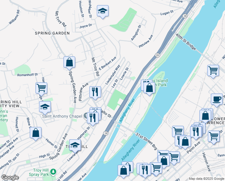 map of restaurants, bars, coffee shops, grocery stores, and more near 2022 Ley Street in Pittsburgh