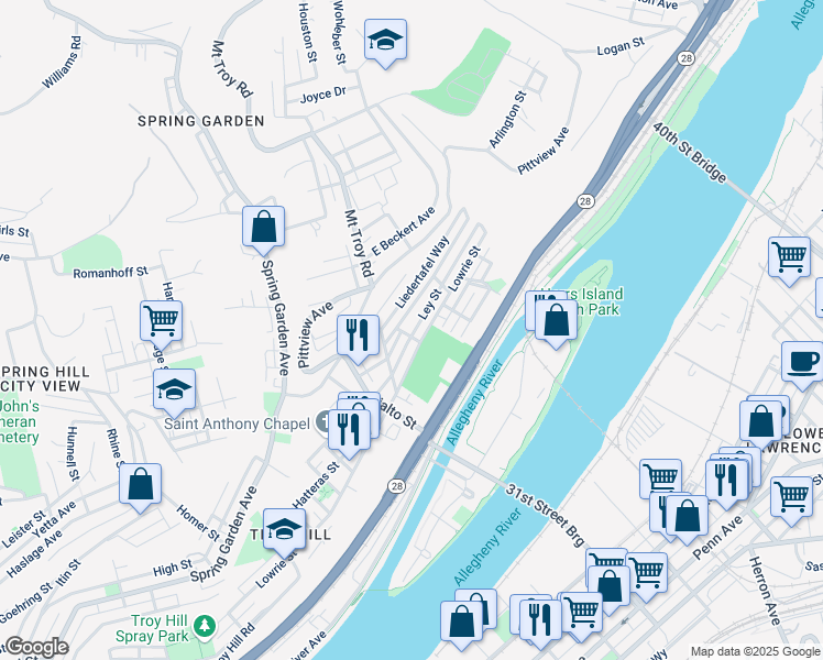 map of restaurants, bars, coffee shops, grocery stores, and more near 2022 Ley Street in Pittsburgh