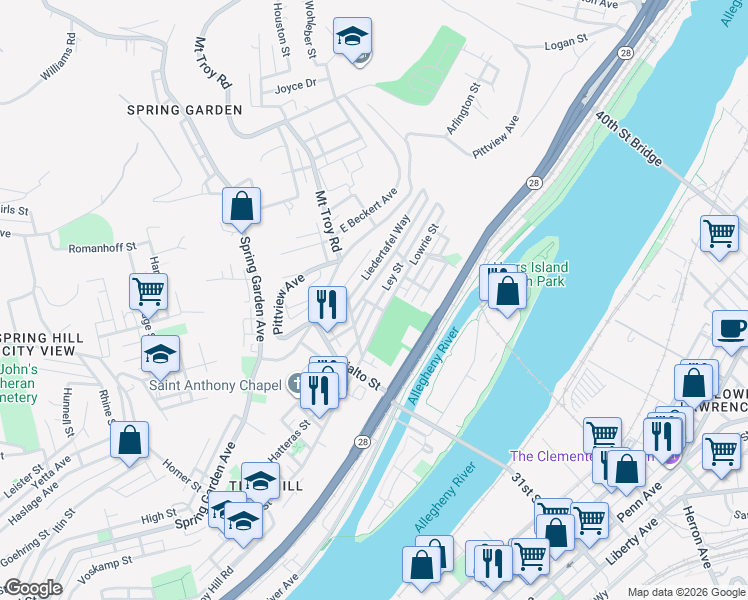 map of restaurants, bars, coffee shops, grocery stores, and more near 2022 Ley Street in Pittsburgh