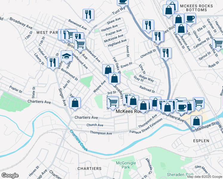 map of restaurants, bars, coffee shops, grocery stores, and more near 331 Broadway Avenue in McKees Rocks