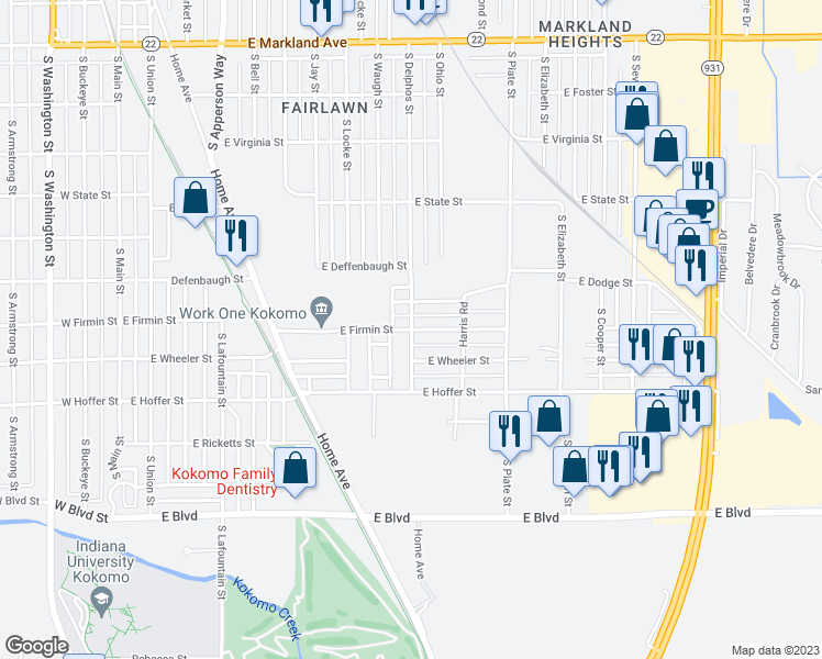 map of restaurants, bars, coffee shops, grocery stores, and more near 999 East Firmin Street in Kokomo