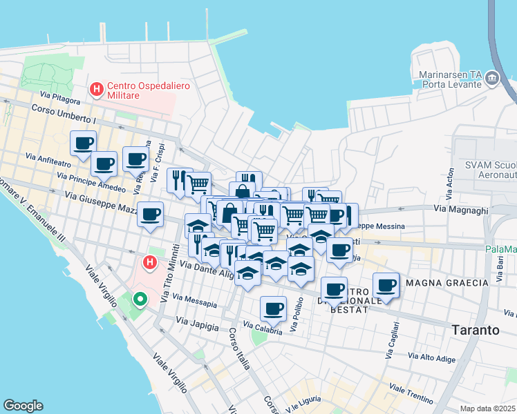 map of restaurants, bars, coffee shops, grocery stores, and more near 25 Piazza Ammiraglio Pasquale Leonardi Cattolica in Taranto